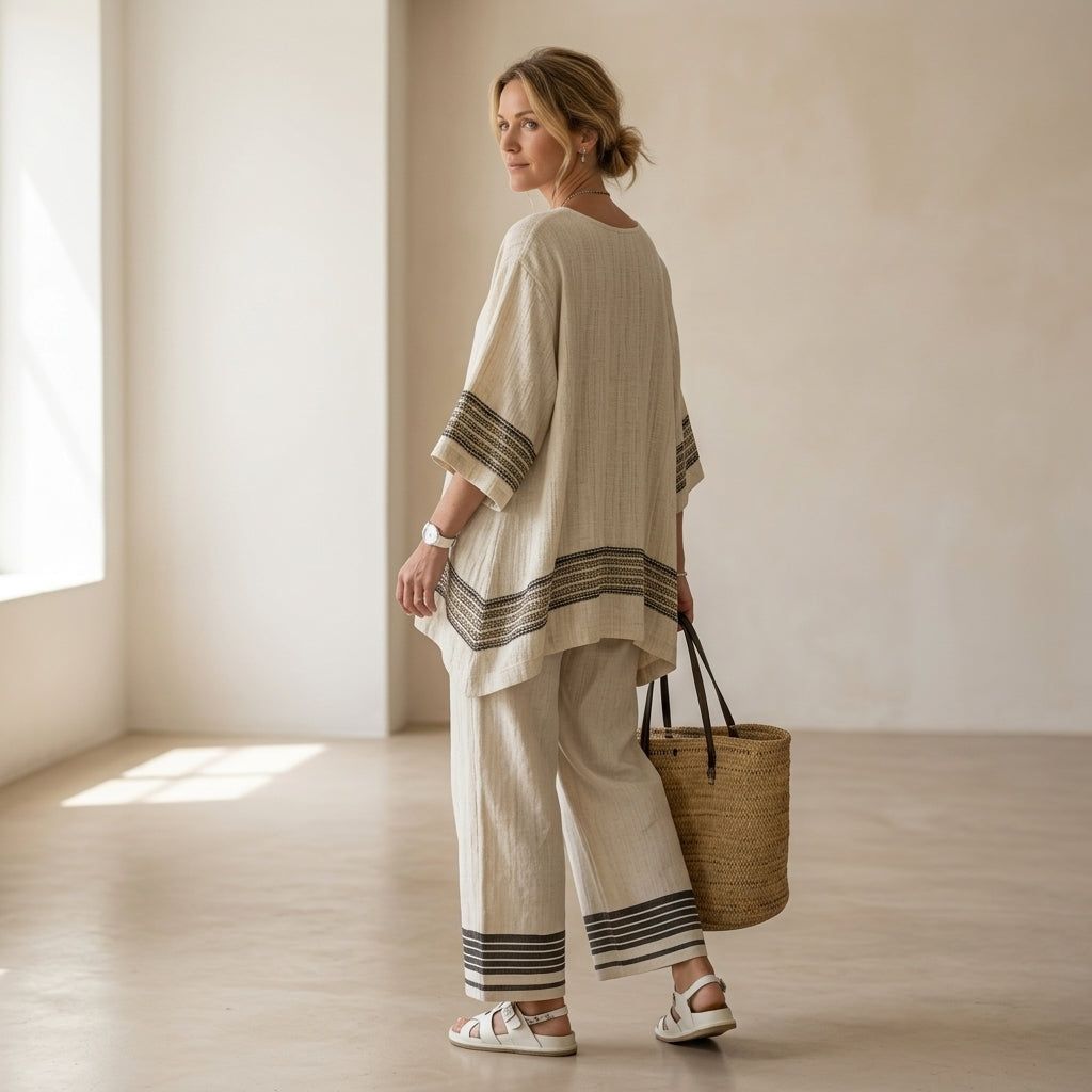 Mariella – Elegante completo in lino: top a righe nere e pantaloni fluidi