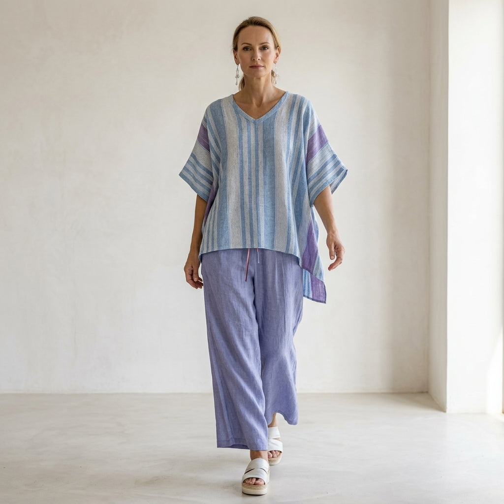 Carlotta – Completo elegante: top lavanda e azzurro cielo con pantaloni di lino