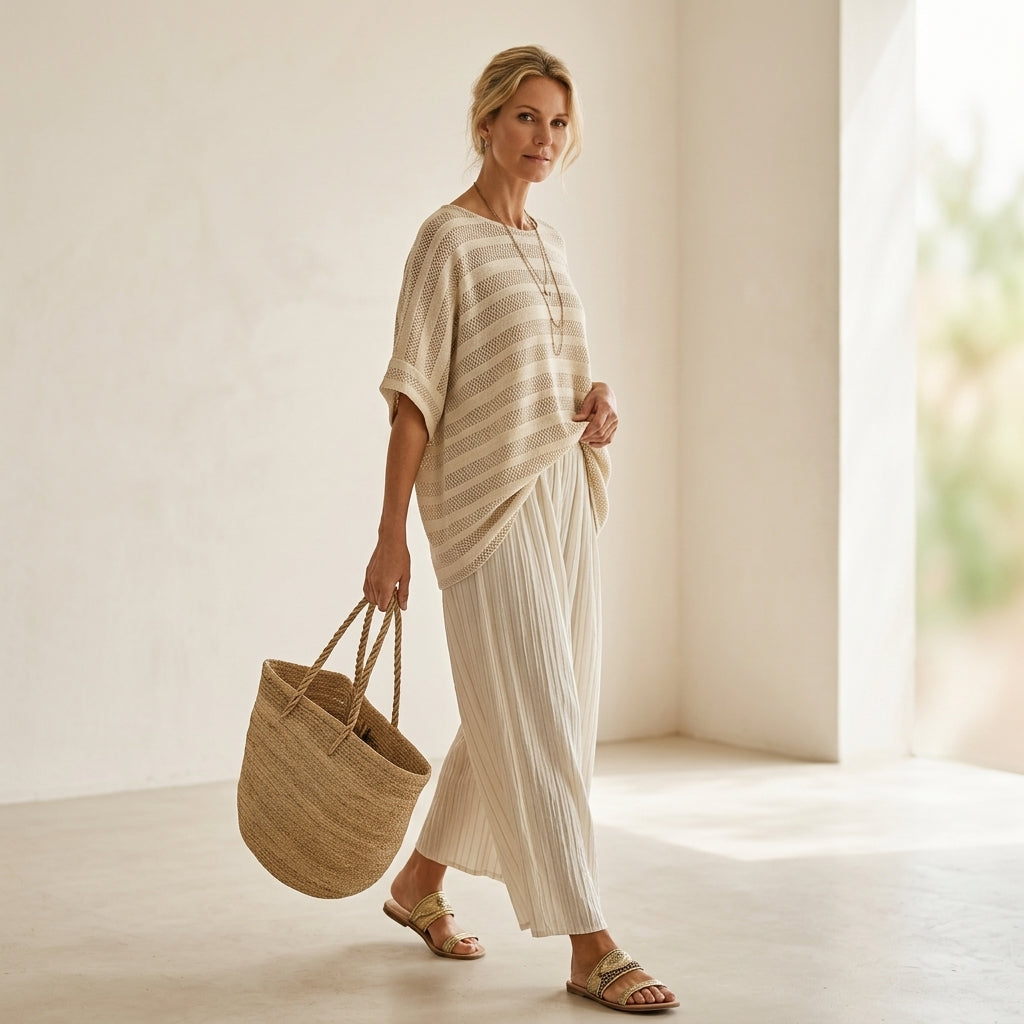 Graziella – Top a righe in bambù naturale e pantaloni in lino fluido, completo coordinato fresco ed elegante