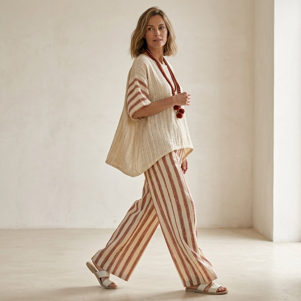 Rosalinda – Completo: top a righe rustico-elegante e pantaloni in lino color crema