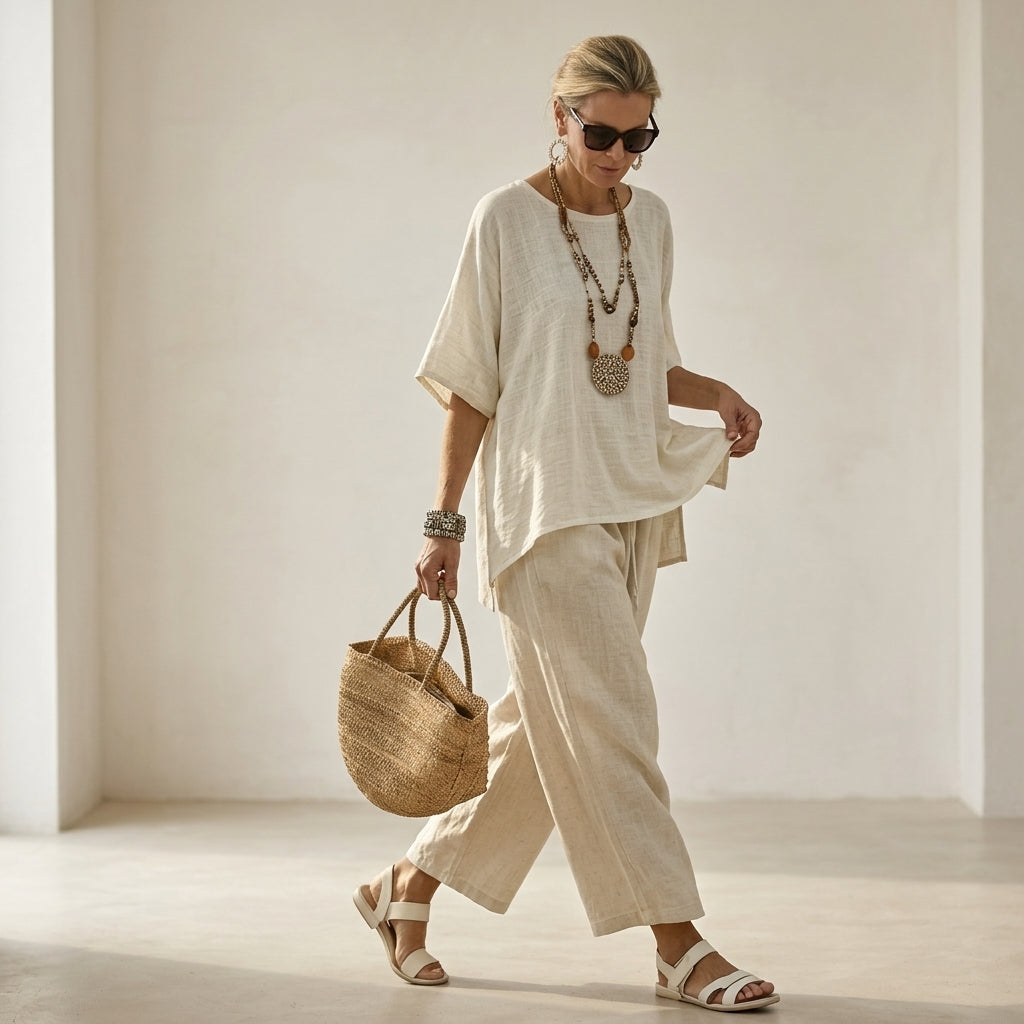 Beatrice – Camicia comoda ed essenziale, abbinata a pantaloni a gamba larga
