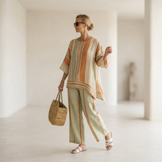Elisabetta – top asimmetrico elegante con pantaloni a gamba larga