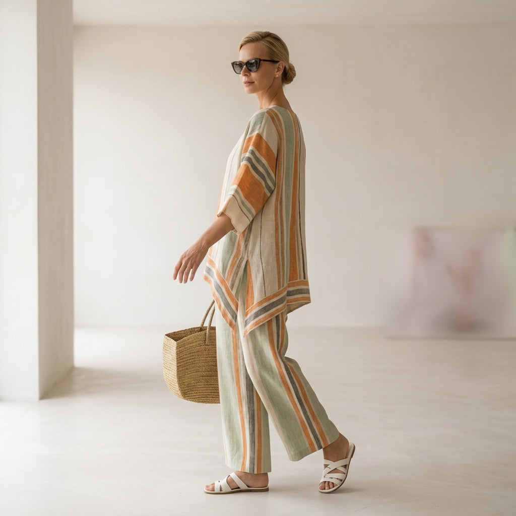 Elisabetta – top asimmetrico elegante con pantaloni a gamba larga