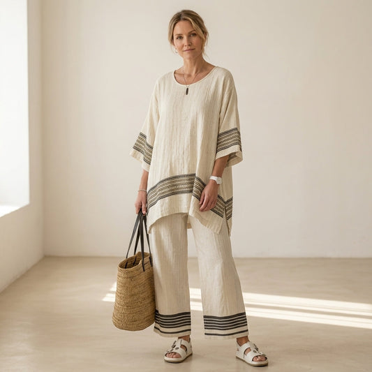 Mariella – Elegante completo in lino: top a righe nere e pantaloni fluidi