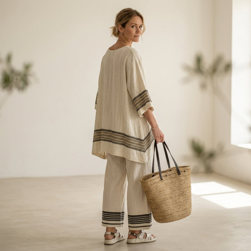 Mariella – Elegante completo in lino: top a righe nere e pantaloni fluidi