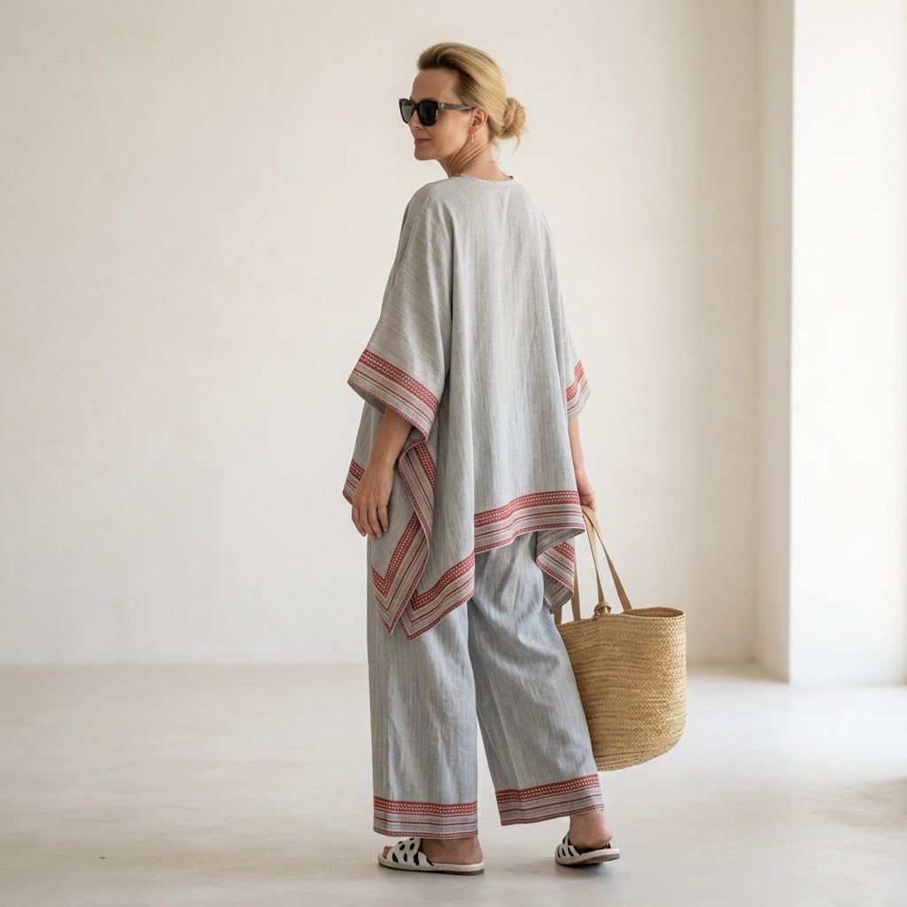 Rossella – Camicetta asimmetrica raffinata con pantaloni etnici a gamba larga