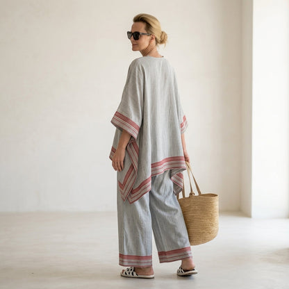 Rossella – Camicetta asimmetrica raffinata con pantaloni etnici a gamba larga
