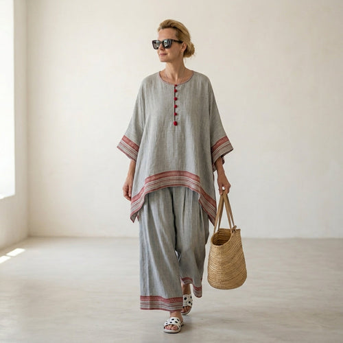 Rossella – Camicetta asimmetrica raffinata con pantaloni etnici a gamba larga