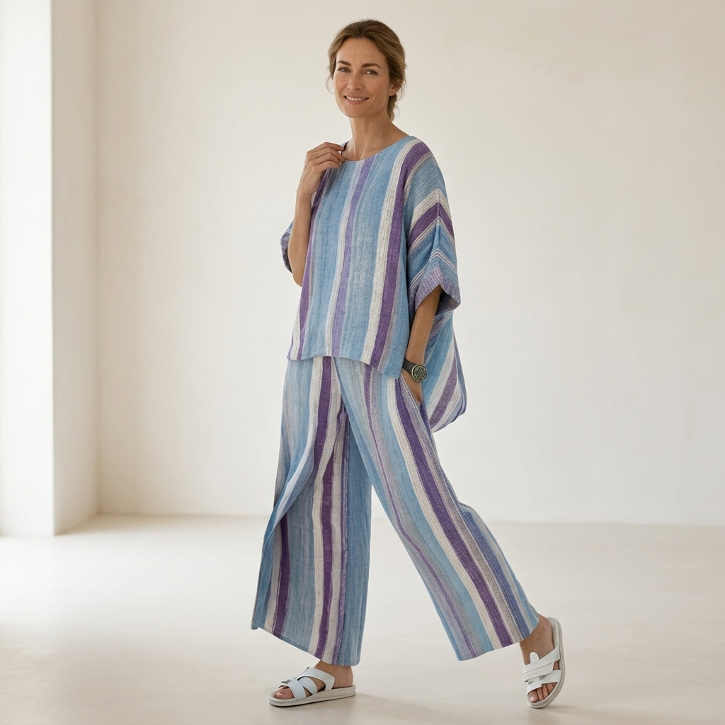 Ginevra – top in mauve pastello elegante e pantaloni a righe di lino