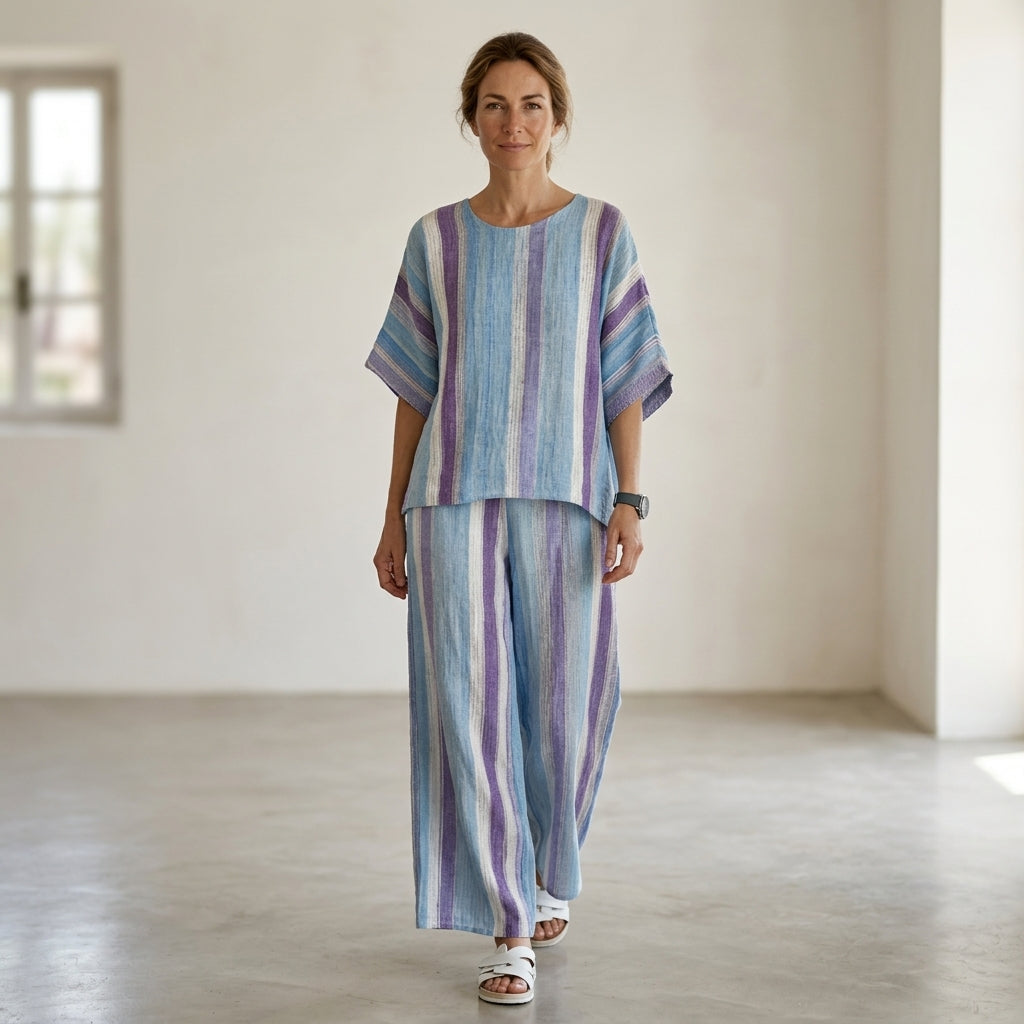 Ginevra – top in mauve pastello elegante e pantaloni a righe di lino