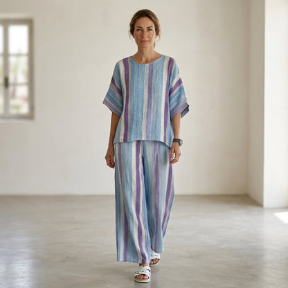 Ginevra – top in mauve pastello elegante e pantaloni a righe di lino