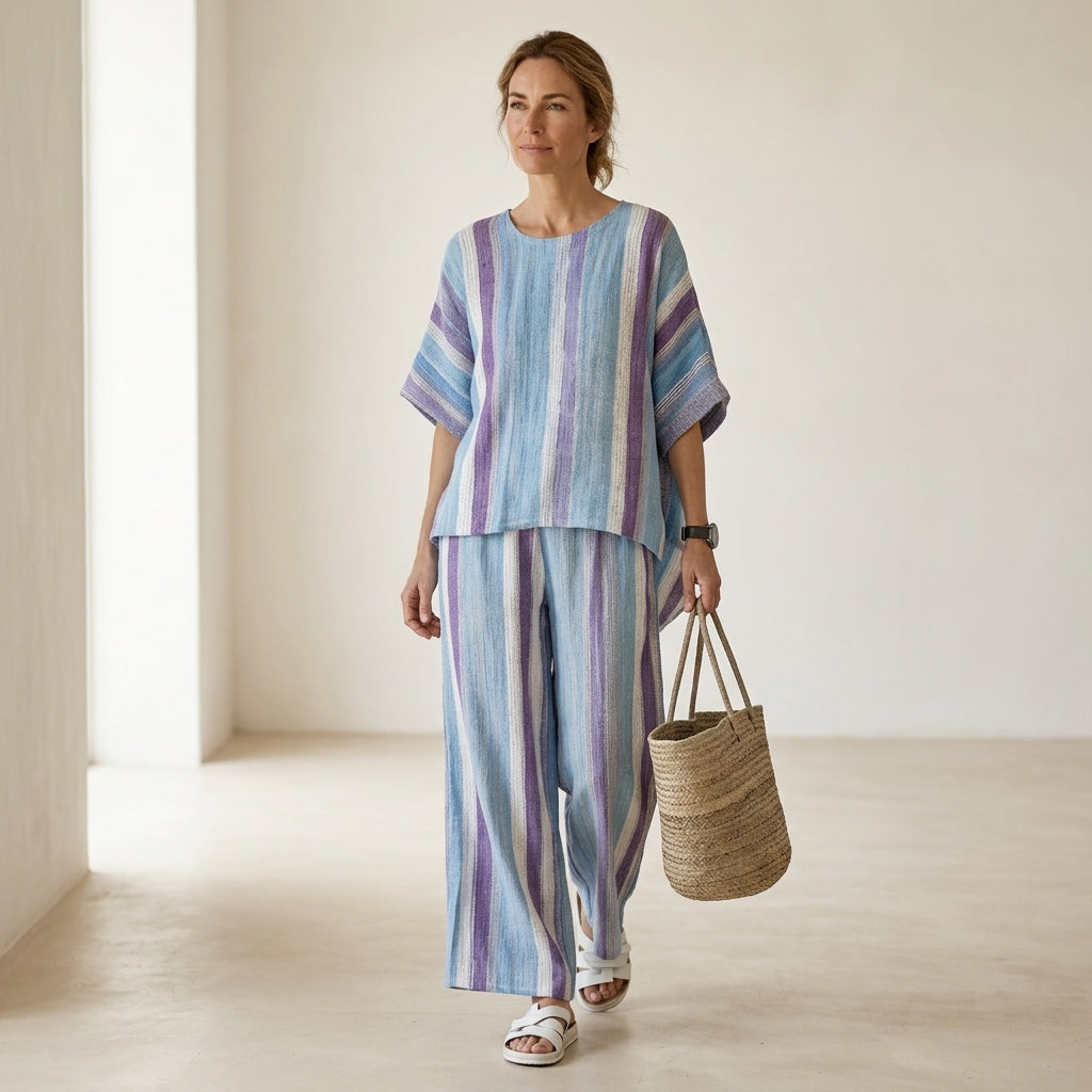 Ginevra – top in mauve pastello elegante e pantaloni a righe di lino