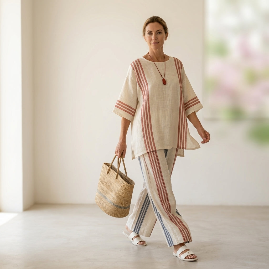 Ludovica – top a righe multicolori sofisticato abbinato a pantaloni mediterranei