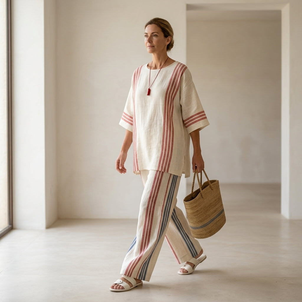 Ludovica – top a righe multicolori sofisticato abbinato a pantaloni mediterranei