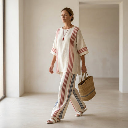 Ludovica – top a righe multicolori sofisticato abbinato a pantaloni mediterranei
