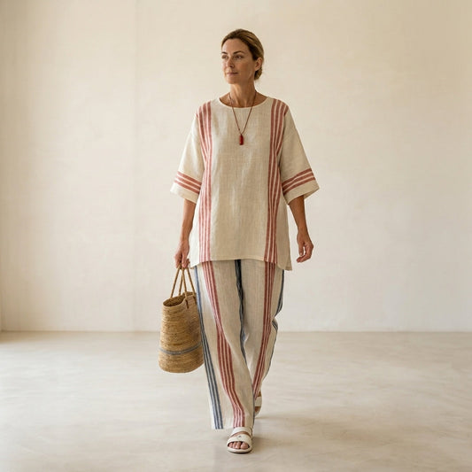 Ludovica – top a righe multicolori sofisticato abbinato a pantaloni mediterranei