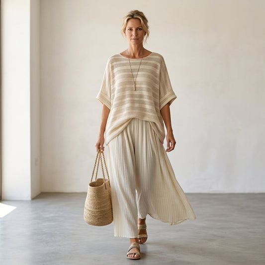 Graziella – Top a righe in bambù naturale e pantaloni in lino fluido, completo coordinato fresco ed elegante