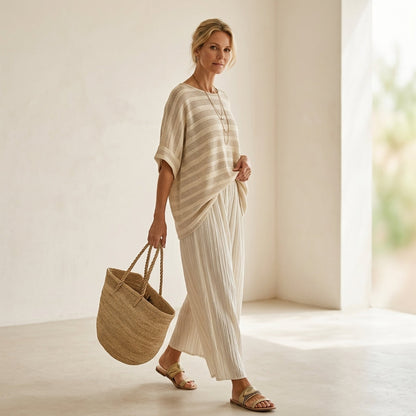 Graziella – Top a righe in bambù naturale e pantaloni in lino fluido, completo coordinato fresco ed elegante