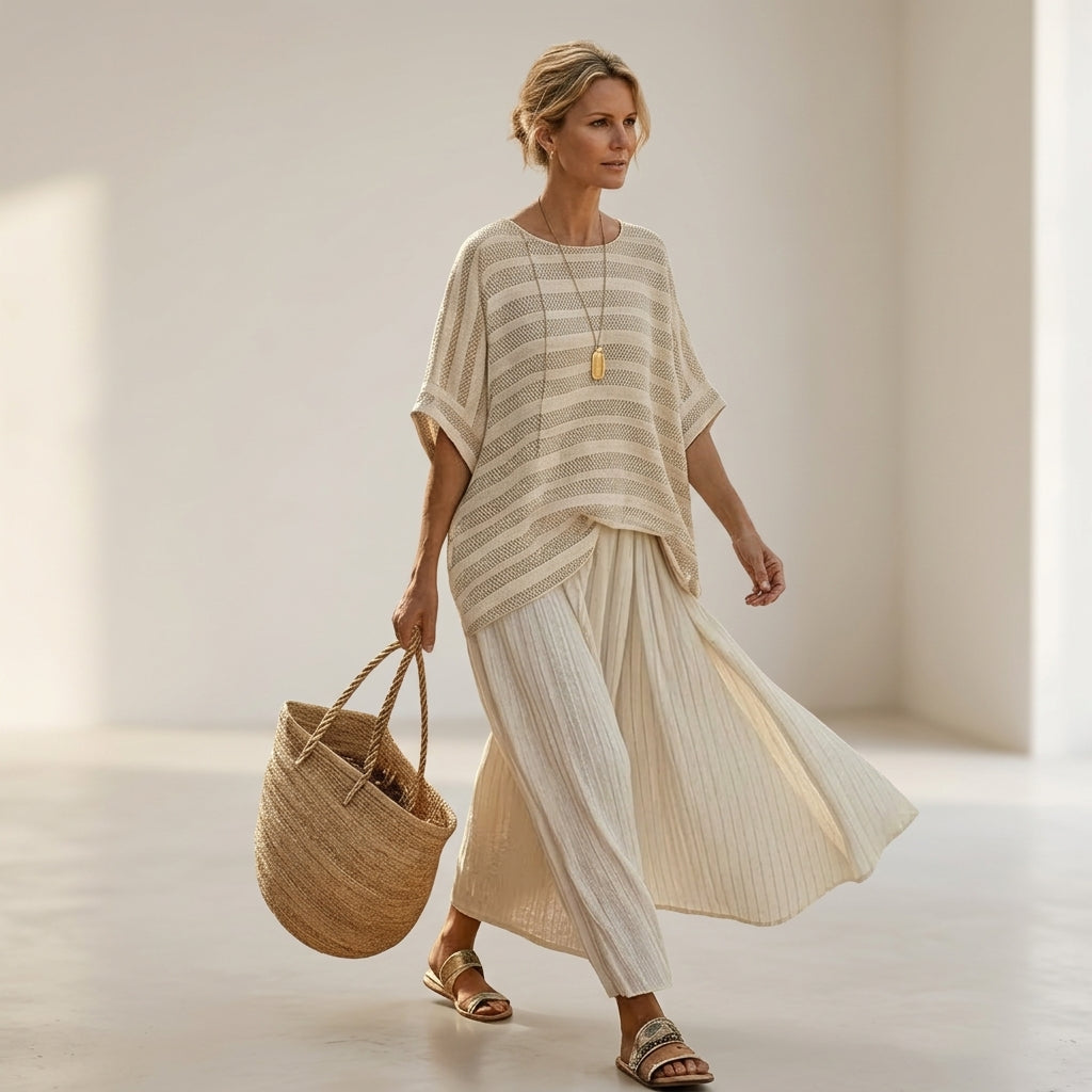 Graziella – Top a righe in bambù naturale e pantaloni in lino fluido, completo coordinato fresco ed elegante
