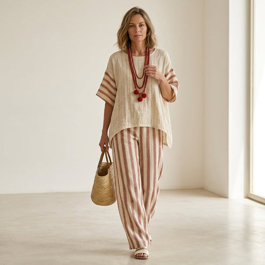Rosalinda – Completo: top a righe rustico-elegante e pantaloni in lino color crema