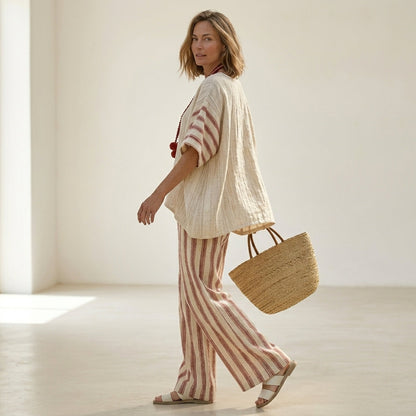 Rosalinda – Completo: top a righe rustico-elegante e pantaloni in lino color crema