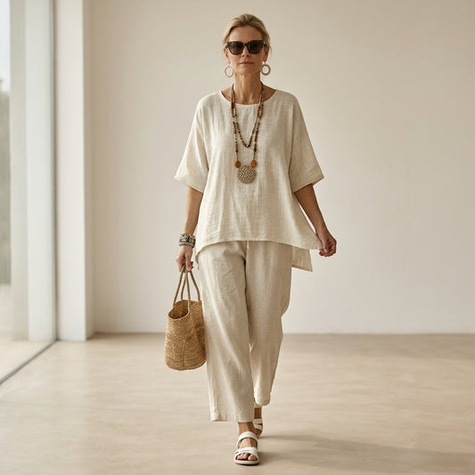 Beatrice – Comfortable and essential shirt, paired with wide-leg trousers