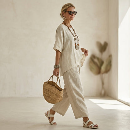 Beatrice – Camicia comoda ed essenziale, abbinata a pantaloni a gamba larga