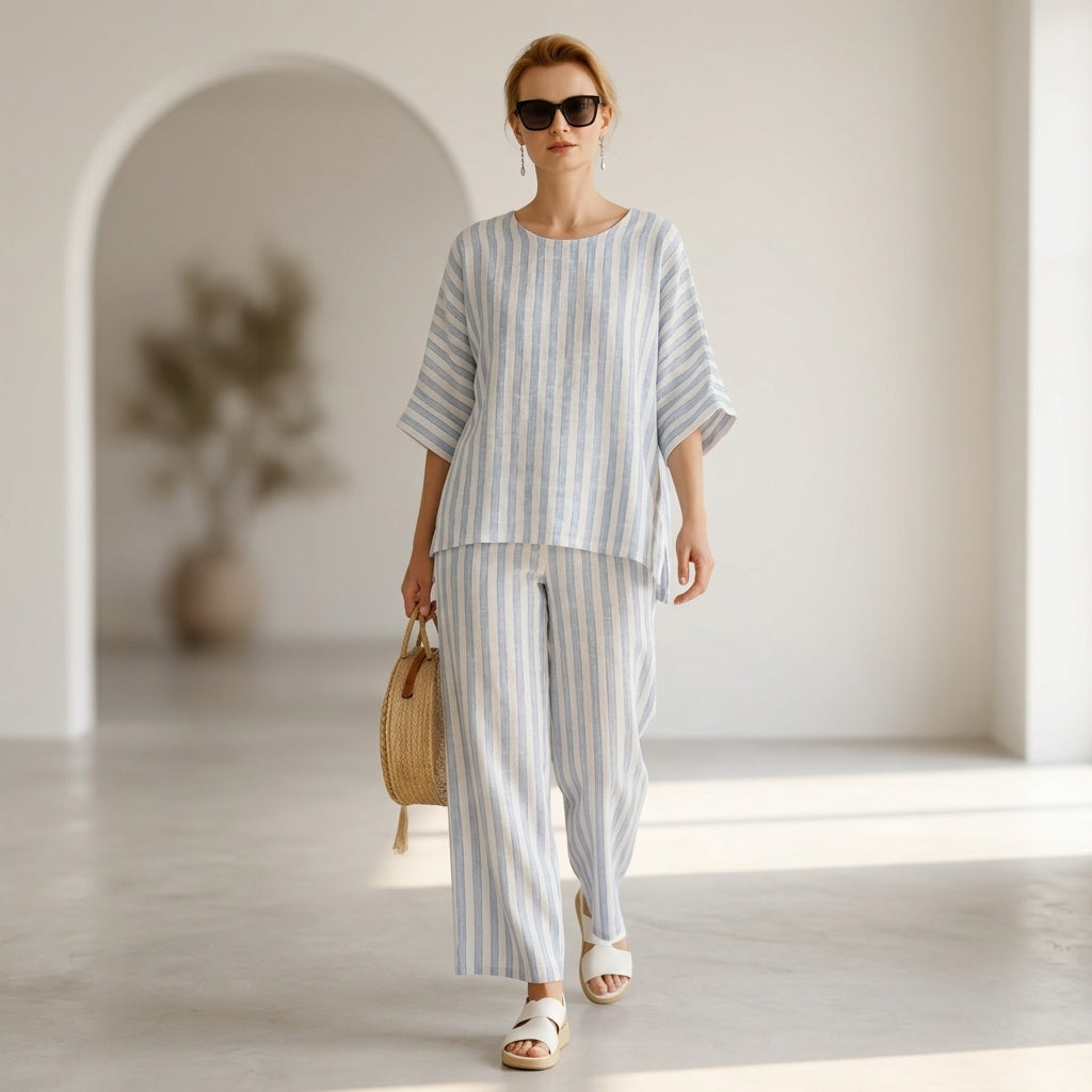 Federica – Top in lino a righe azzurre sofisticato, abbinato a pantaloni larghi
