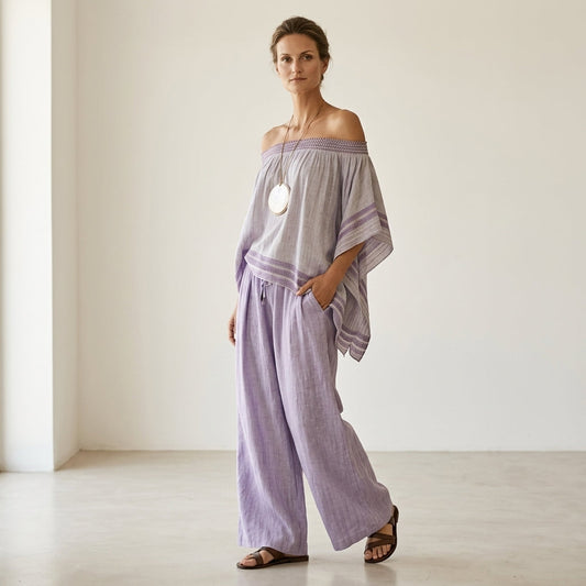 Serenella - set con top a spalle scoperte e pantaloni a righe a gamba larga