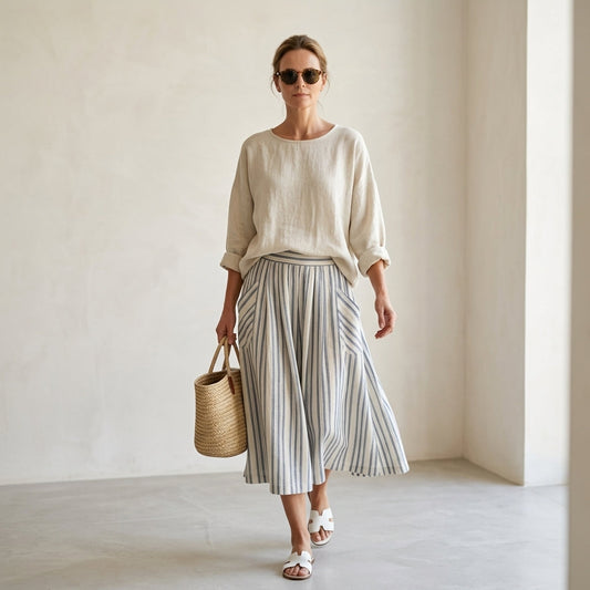 Aurora – blouse comfort and striped midi skirt