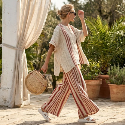 Mirella – Elegante completo con top strutturato rosso a righe e pantaloni in lino