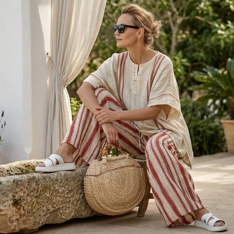 Mirella – Elegante completo con top strutturato rosso a righe e pantaloni in lino