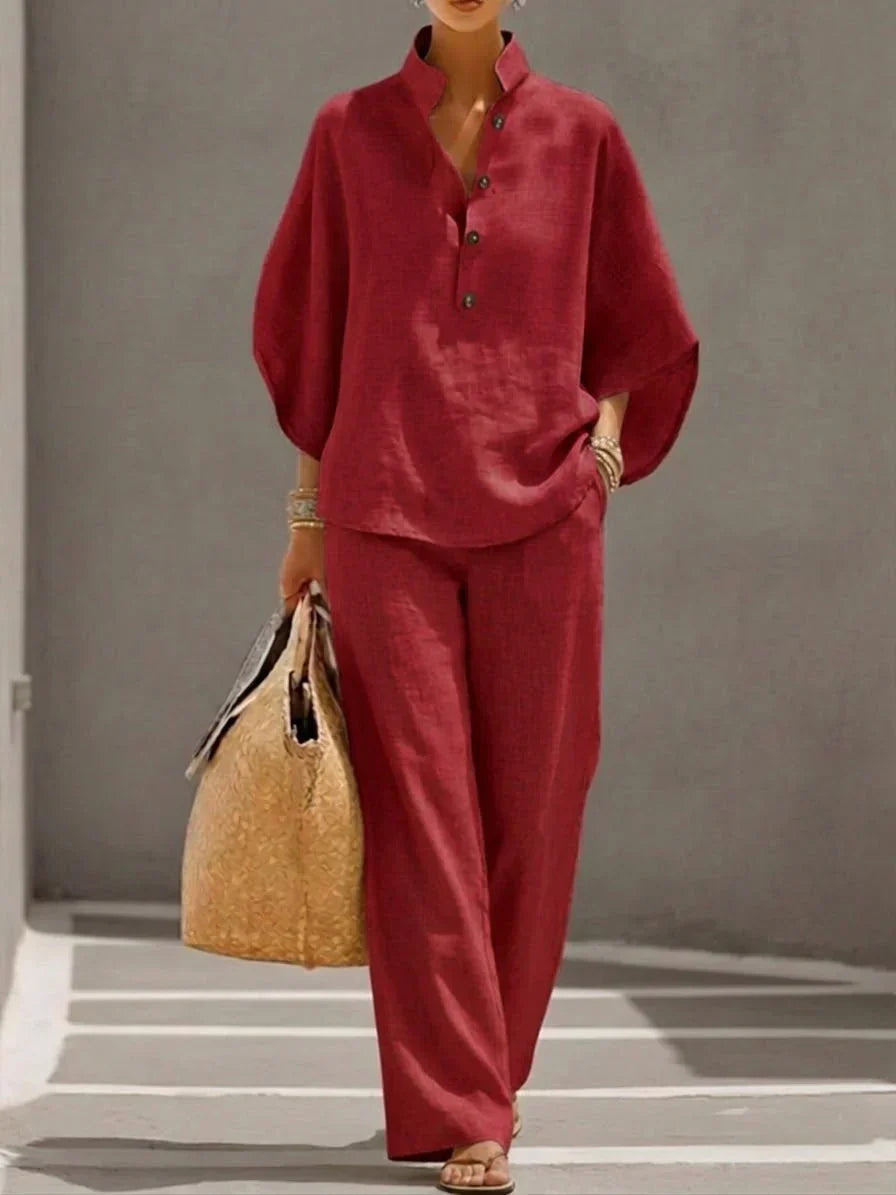 Natalia | Completo in lino con maniche a pipistrello e pantaloni larghi